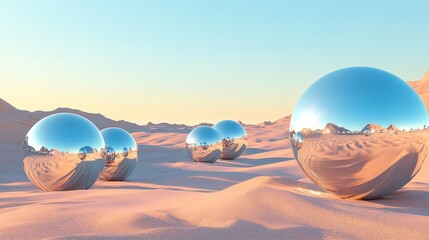 15.An abstract desert scene with 3D rendered mirrored objects scattered across a vast sandy landscape, their reflective surfaces distorting the scenery in an unconventional and artistic way,