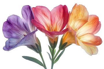 Fototapeta premium Vibrant Trio of Freesia Flowers Purple Pink and Orange Blooms Isolated on White Background