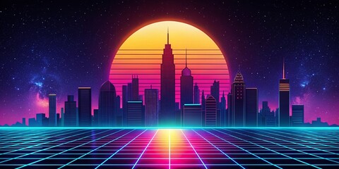 80s Retro Sci-Fi Cityscape: Minimalist Night Skyline Poster