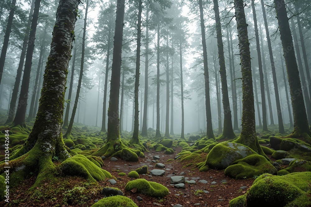 Poster dense forest with tall trees and moss-covered rocks in a misty atmosphere, creating a serene and mys