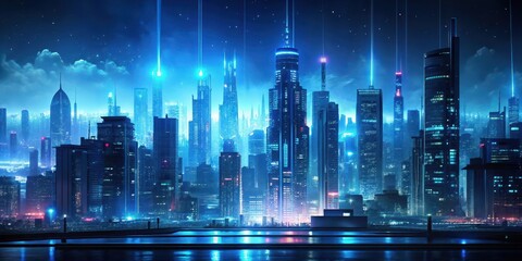 Obraz premium Cyberpunk Cityscape at Night, dark blue abstract background
