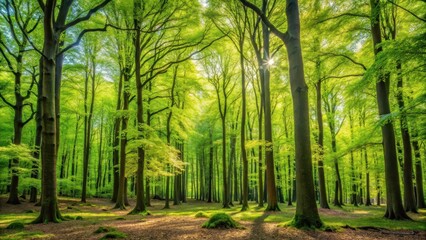 Obraz premium Dense forest with various tree life stages from saplings to mature trees in a wide format capturing their growth and diversity, canopy, deciduous