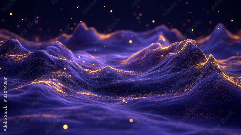 Poster mesmerizing abstract landscape with glowing digital wave elements. abstract 3d digital landscape sho