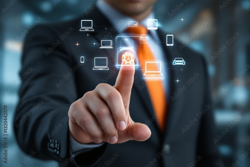 Poster businessman in suit touching digital interface with connected device icons on blurred background. co