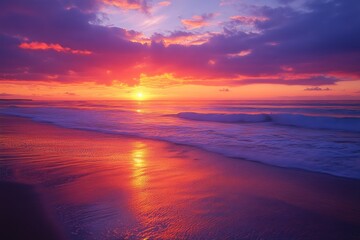 Sunset beach scene, waves, vibrant colors, calm ocean