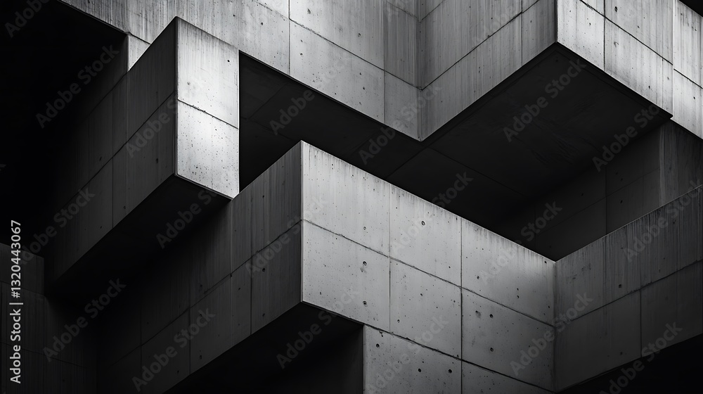 Poster abstract concrete building facade with intersecting geometric shapes and dark shadows