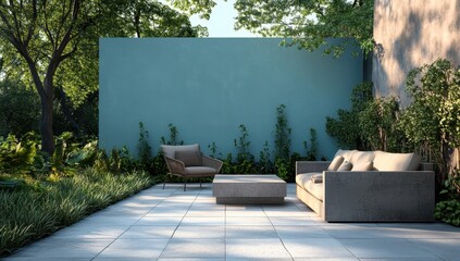Inviting Outdoor Living Space with Modern Furniture Surrounded by Lush Greenery and Relaxing Ambiance for Peaceful Retreat and Gatherings