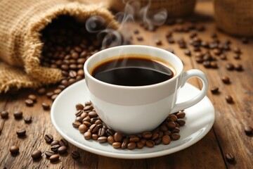 Fototapeta premium White cup of steaming coffee on saucer surrounded by roasted beans, burlap sack in background, on rustic wooden table. Concept of fresh morning brew. Ai generative