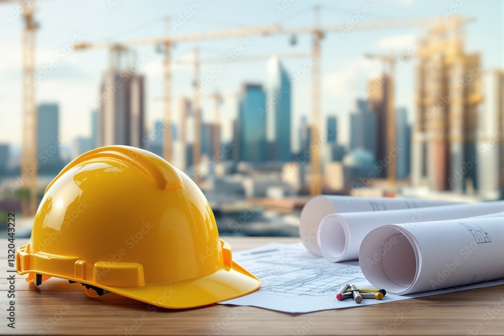 Poster yellow construction helmet and blueprints on a wooden table with a blurred city skyline and cranes i
