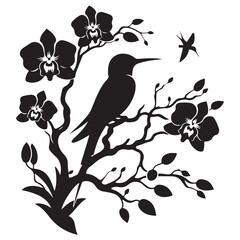 Great Silhouete Hummingbirds Flying around a Orchid Flowers vector illustration Symbol in White Background 8
