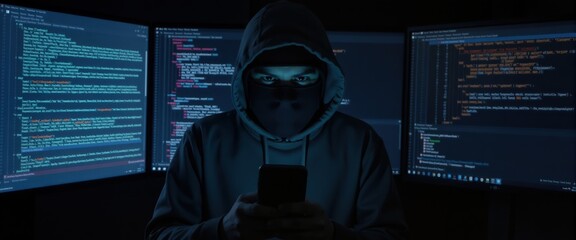 Man in hoodie using phone with code screens, cybercrime concept