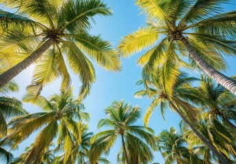 Lush Coconut Palm Trees Under Bright Blue Sky with Sunlight Filtering Through Leaves in Tropical Paradise Setting