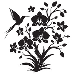 Great Silhouete Hummingbirds Flying around a Orchid Flowers vector illustration Symbol in White Background 19