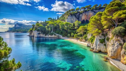 Fototapeta premium Serene Mediterranean coastline with limestone cliffs and turquoise water at Villefranche-sur-Mer's scenic beach, surrounded by pine trees and lush greenery , turqouise water, marinieres beach