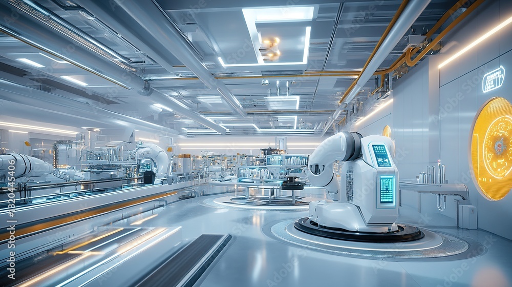 Aufkleber a futuristic eco-friendly factory with ai-driven automation and green technology.