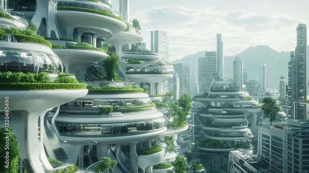 Poster a futuristic eco-friendly factory with ai-driven automation and green technology.
