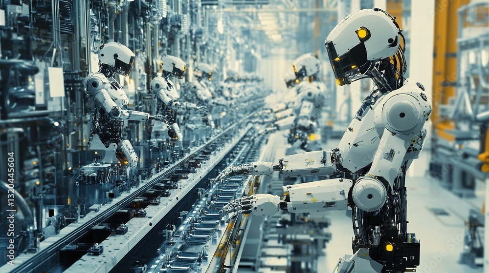 Poster a futuristic cobot-enhanced factory with precision engineering and automation.