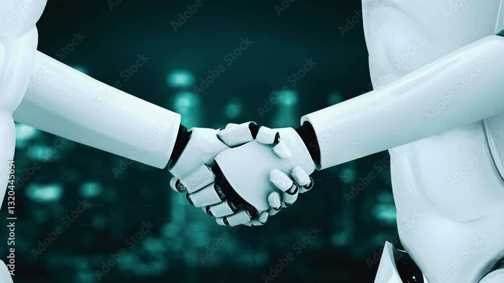 Poster 3d rendering hominoid robot handshake with stock market trading chart showing buy and sell decision 