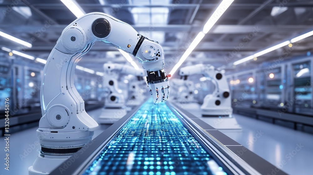 Poster a futuristic factory using biodegradable materials and ai-controlled machines.