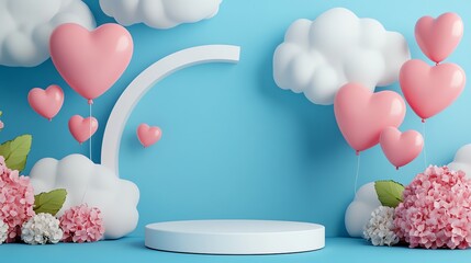 Romantic Display Podium with Pink Heart Balloons and Clouds for Valentine's Day