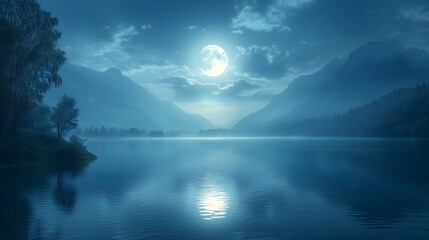 Fototapeta premium Peaceful moonlit lake reflecting mountains and clouds under a starry night sky. Background, wallpaper, screensaver.