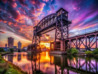 Abandoned Cuyahoga River Lift Bridge at Sunset, Cleveland, Ohio - Low Light Photography