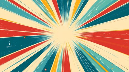 Retro starburst pattern with bold geometric lines in vibrant colors for artistic backgrounds and creative designs