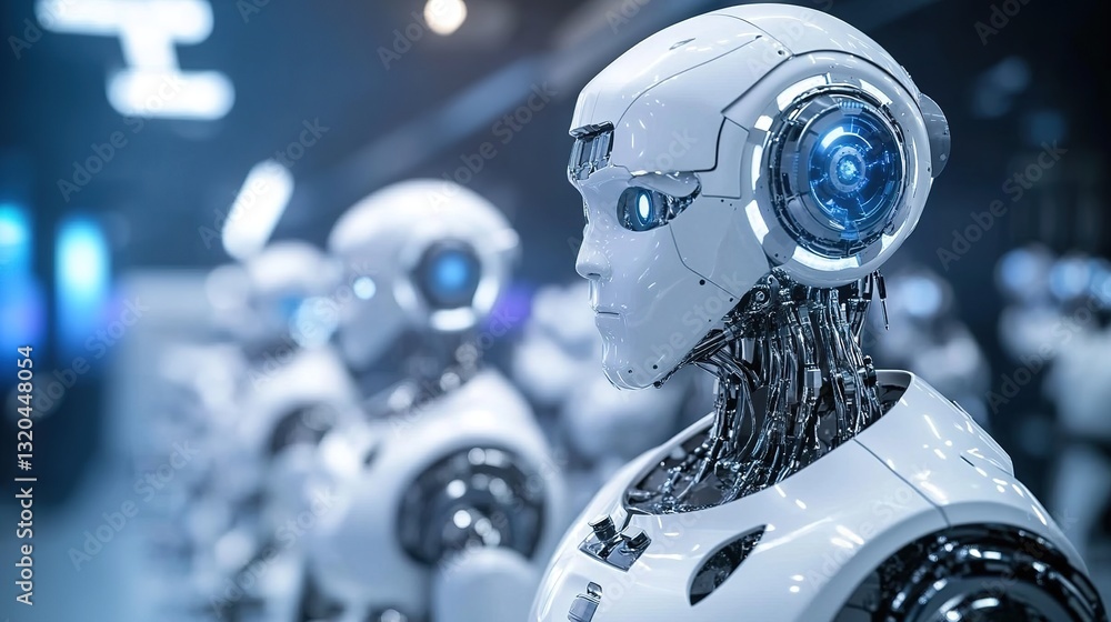 Poster a high-tech robotic assembly line with collaborative ai-powered robots