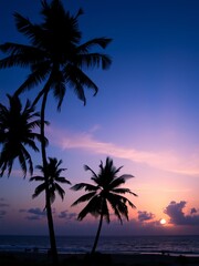 Obraz premium Breathtaking sunset over tropical beach silhouetted by majestic palm trees against vibrant sky