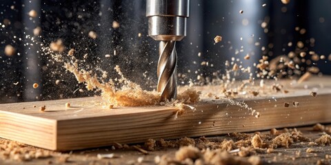 Slow-motion footage of a drill bit sinking into wood, revealing the wooden grain and splintering of wood fibers as it pierces through , machinery in action, wood