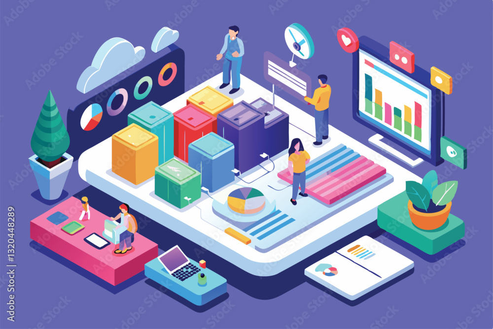 Poster a customizable isometric social dashboard displays colorful data charts and user activity elements, 