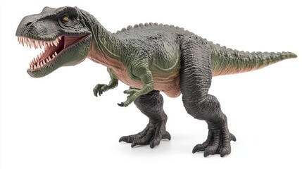 Naklejka premium Closeup of a T-Rex figurine with sharp teeth and textured skin, isolated on white, showcasing primal power and intricate detail. 