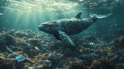 Fototapeta premium Whale Entangled in Ocean Plastic Pollution Underwater Scene of Marine Life and Debris