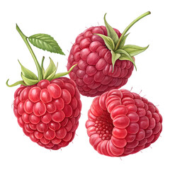Raspberries accompanied by leaves, presented on a white or transparent background
