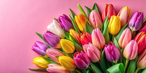 Fototapeta premium Macro Tulip Bouquet Pink Background Top View - Colorful Spring Flowers AI Generated Image