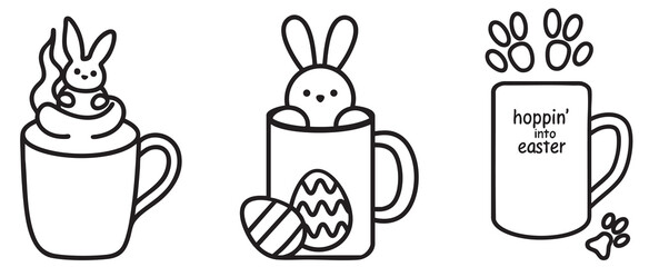 Easter bunny coffee collection. Whimsical Easter-themed mugs featuring bunnies and eggs in a playful design.