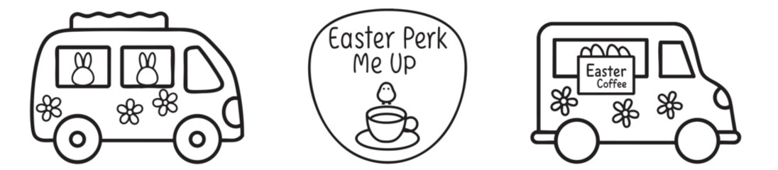 Easter bunny coffee collection. Two food trucks with a coffee theme and an Easter message in a whimsical style.