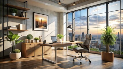 Minimalist Loft Office with Panoramic Window, Stylish Decor, and Low Light Photography for Modern Workspaces and Creative Environments