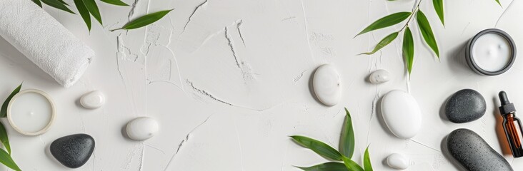 Calming wellness spa elements on a clean background, with blank areas for text, ideal for wellness retreats and spa services