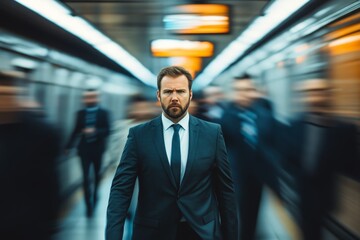 Time-lapse footage of stressed businessman in suit walking briskly in a crowded subway station during rush hour.