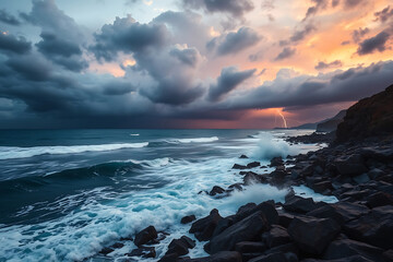Obraz premium Dramatic stormy seascape stock-image with vibrant colors, featuring a dark sky filled with ominous storm clouds and powerful lightning illuminating the ocean waves, creating an intense and awe
