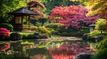 Obraz premium A beautiful Japanese garden featuring water trees and a pavilion