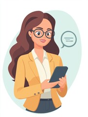 Simple cartoon of businesswoman typing message on phone. There is a voice talking from phone. Businesswoman looks happy. 2D vector illustration.