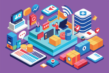 Obraz premium A vibrant isometric landscape showcasing social media customization features with various digital tools and icons, Social media Customizable Isometric Illustration