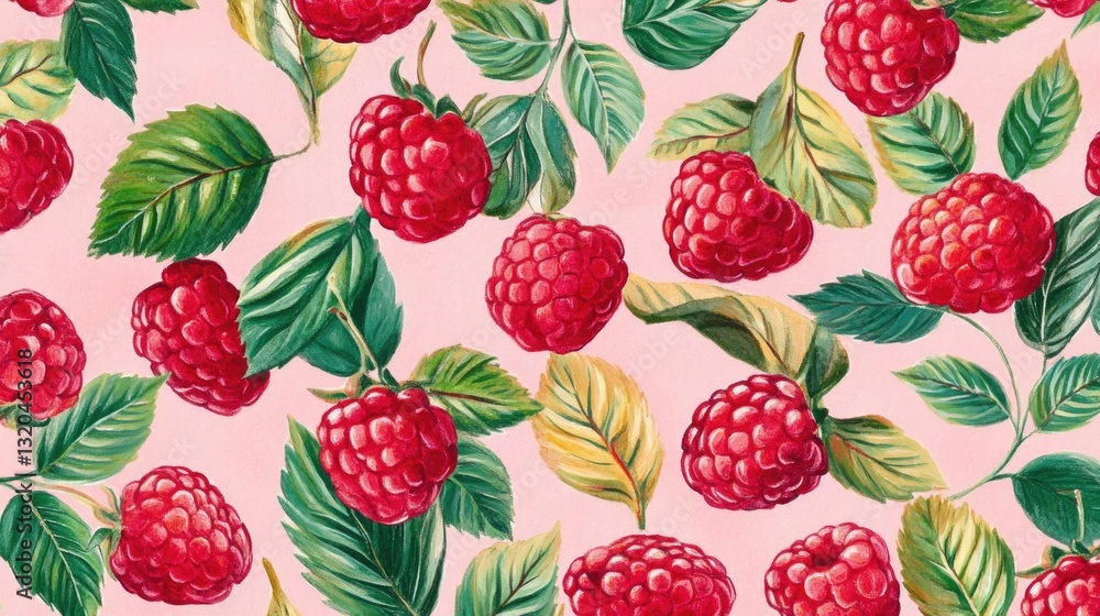 Poster seamless raspberry pattern with green leaves on pink background