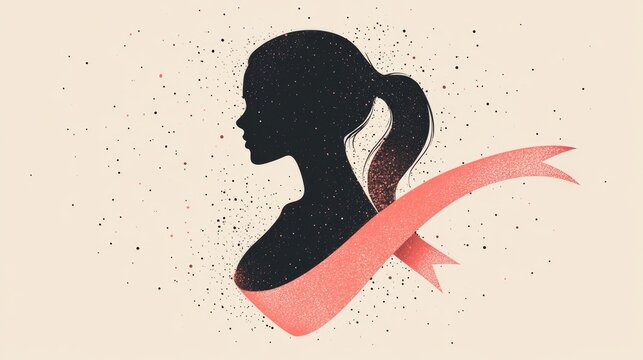 Silhouette of woman with pink ribbon symbolizing breast cancer awareness. Pink Ribbon, Breast Cancer Awareness Symbol, Cancer Solidarity Emblem - Global Health Campaign
