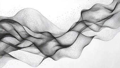 abstract black and white flowing wave pattern made of tiny dots creating a dynamic digital art piece with intricate motion lines and futuristic minimal design