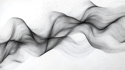 abstract black and white flowing wave pattern made of tiny dots creating a dynamic digital art piece with intricate motion lines and futuristic minimal design