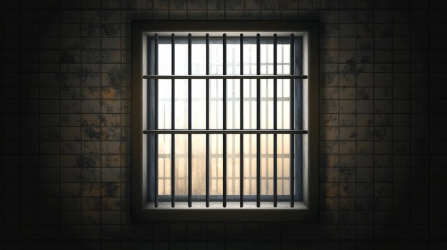 Prison cell window with metal bars and grunge wall background