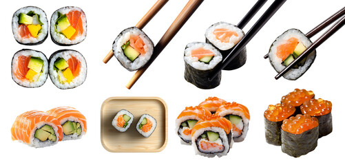 Collection set of Maki roll sushi, many ingredient angles and view side top front heap chopstick, tuna salmon seaweed cucumber roe avocado on transparent cutout PNG. Mockup template for artwork design